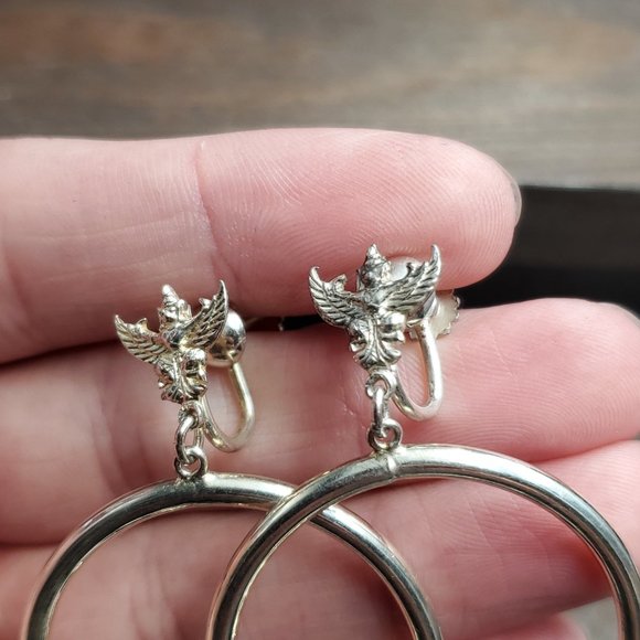 Sterling Silver Feathered God Large Hoop Screw On Earrings - Picture 3 of 6